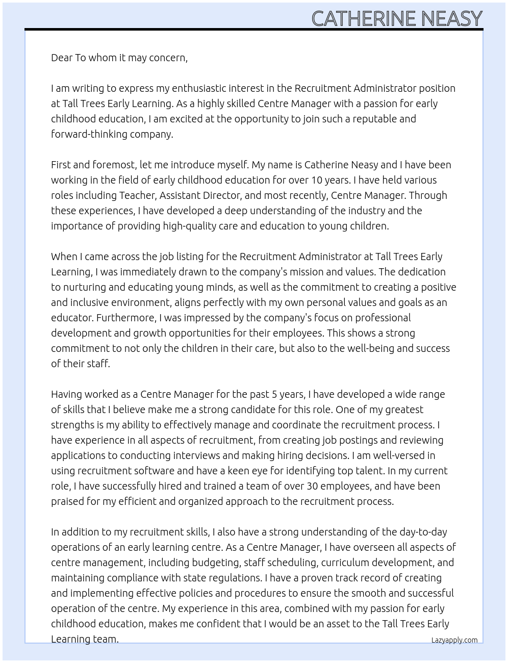 Recruitment Administrator At Tall Trees Early Learning Cover Letter