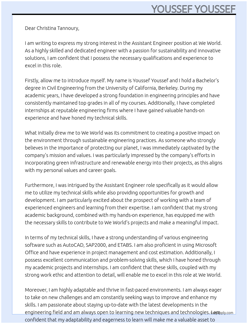 Assistant Engineer At We World Cover Letter