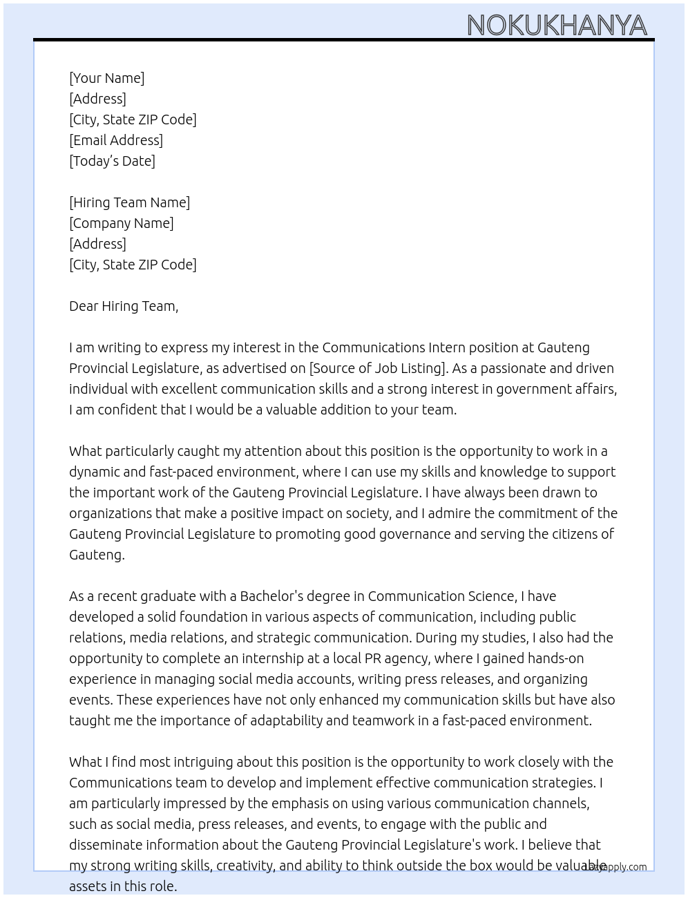 Communications Intern At Gauteng Provincial Legislature Cover Letter