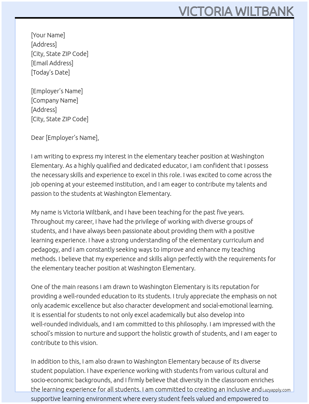 elementary teacher At Washington Elementary Cover Letter