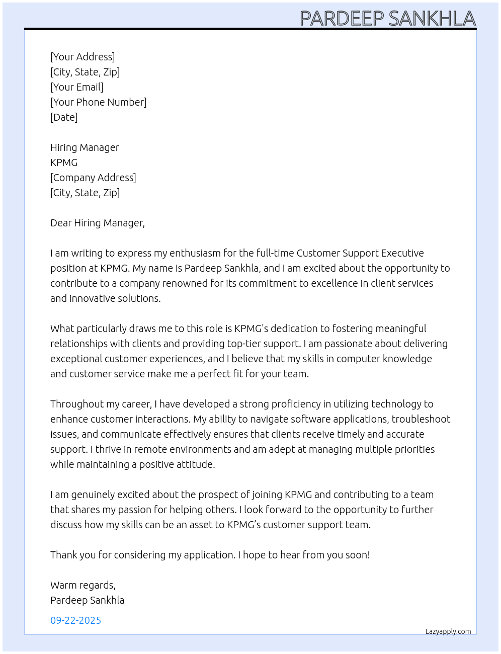 Customer support executive At KPMG Cover Letter