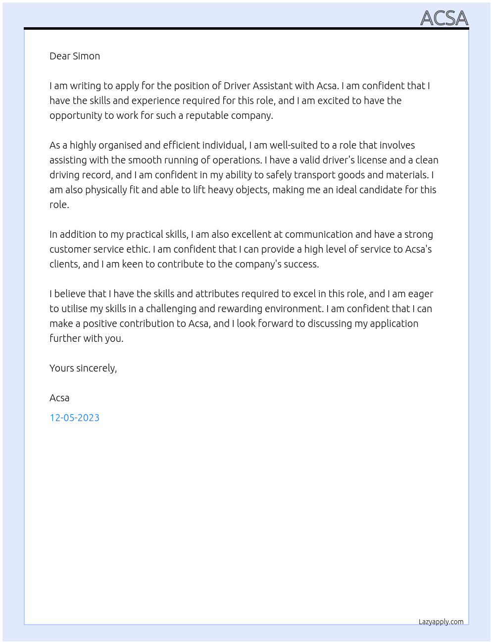 Driver assistant At Acsa Cover Letter