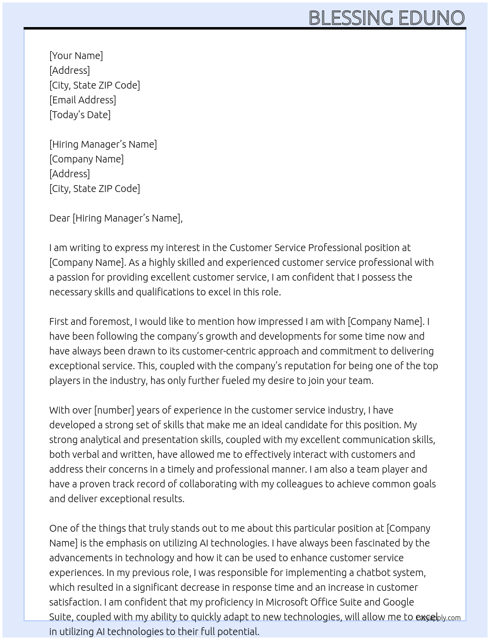 customer service professional At unknown Cover Letter