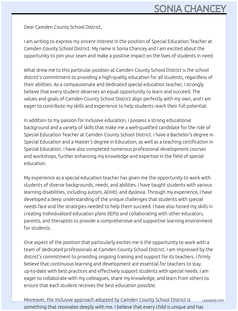 Special Education Teacher At Camden County School District Cover Letter