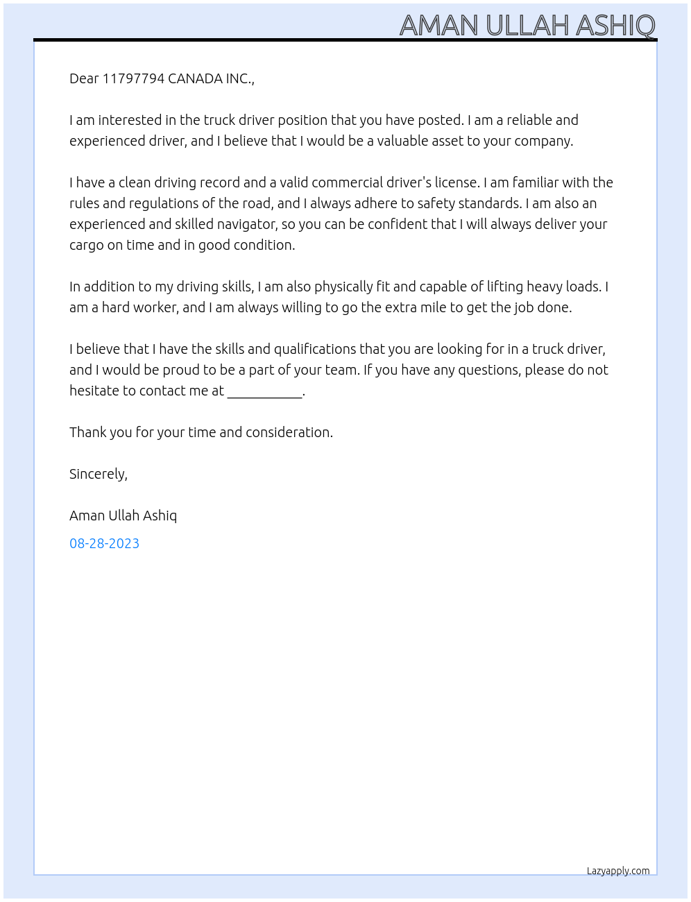 TRUCK DRIVER At 11797794 CANADA INC. Cover Letter