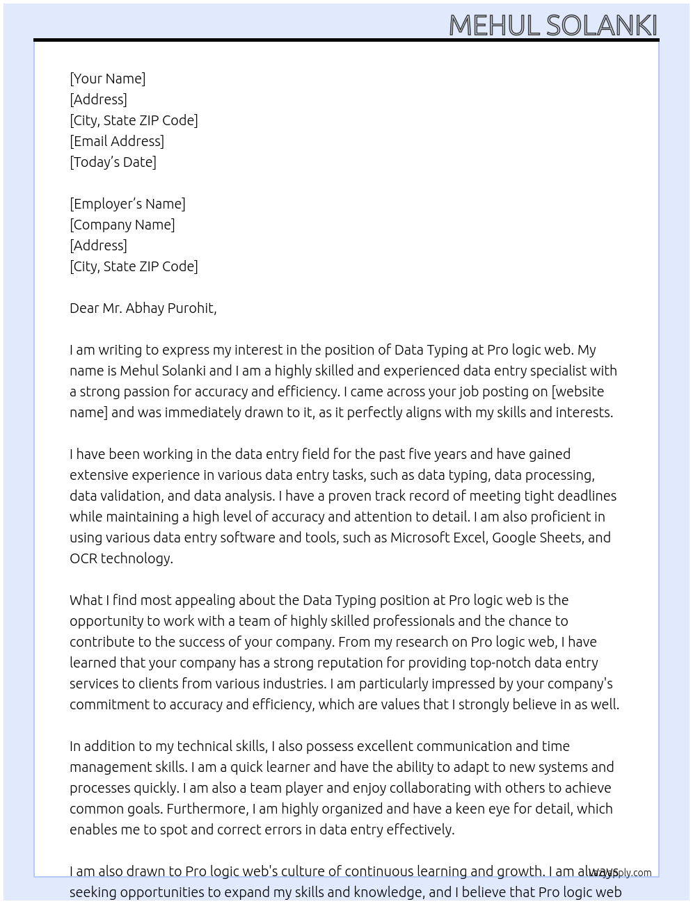 Data Typing At Pro logic web  Cover Letter