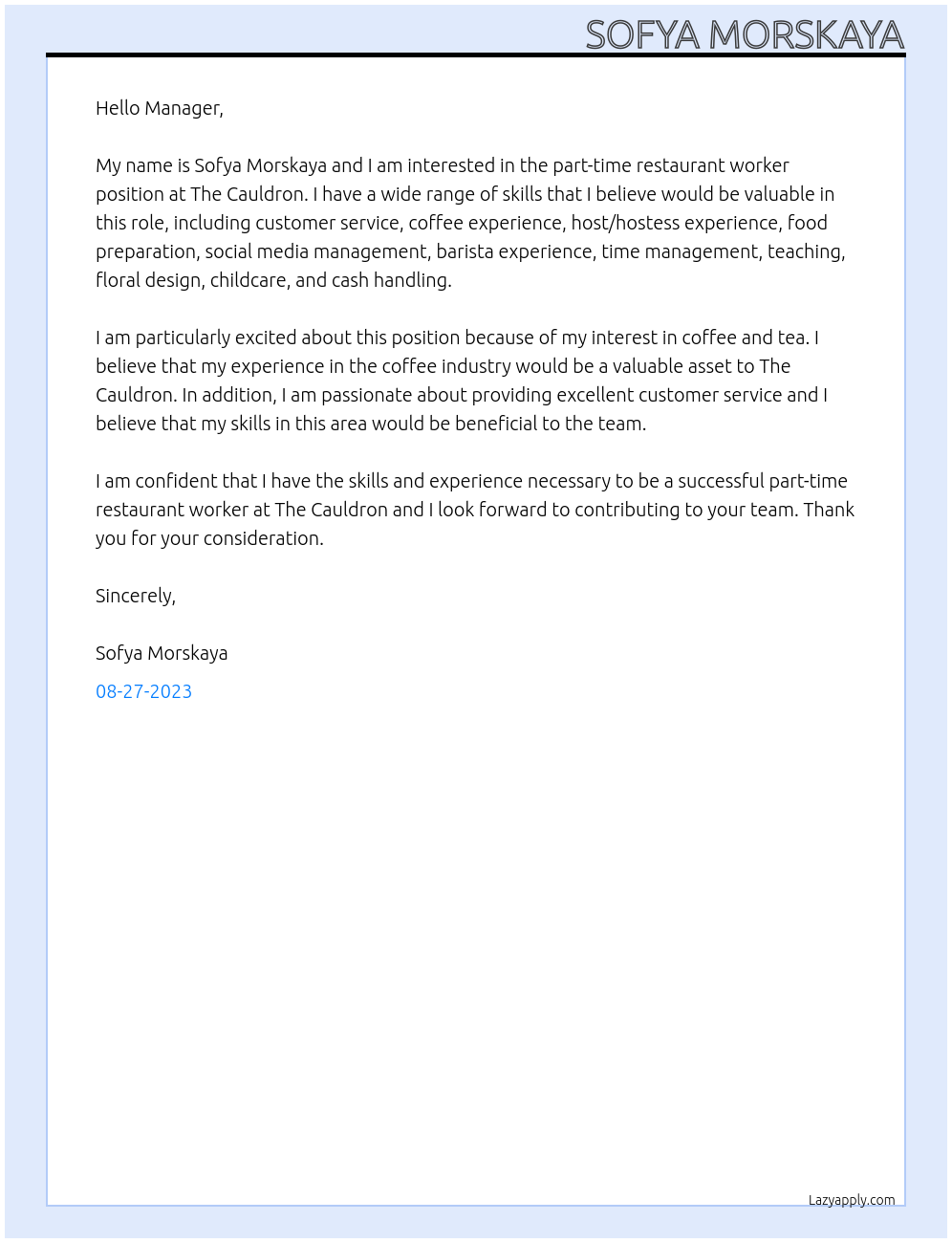 Restaurant worker At The Cauldron Cover Letter