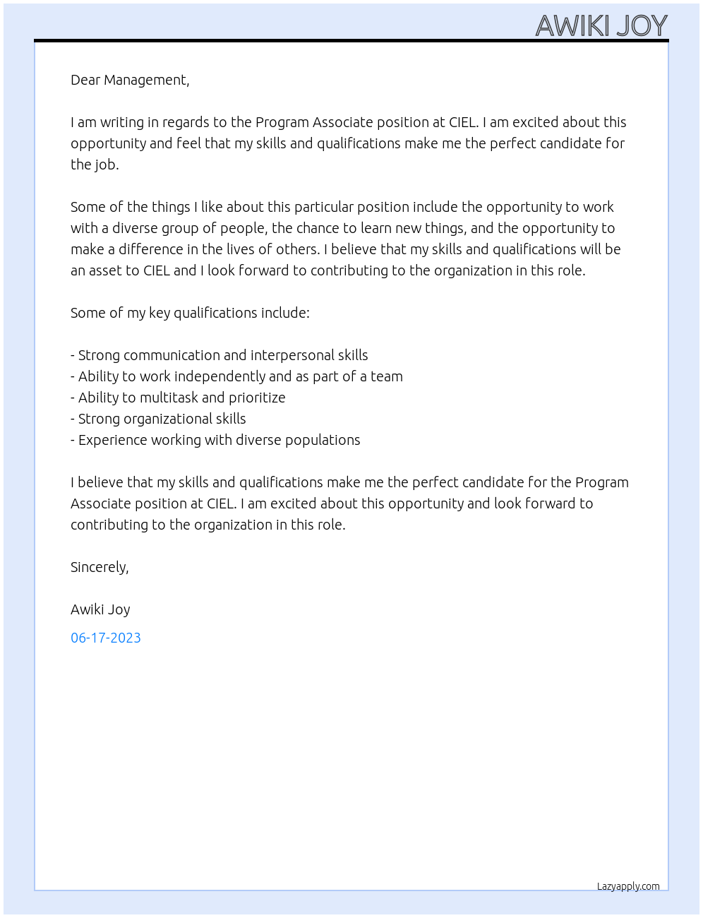 Program Associate At CIEL Cover Letter