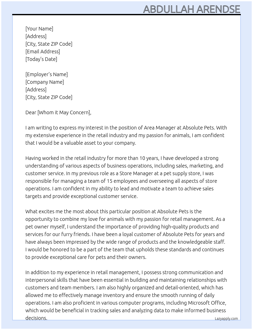 Area manager At Absolute Pets Cover Letter