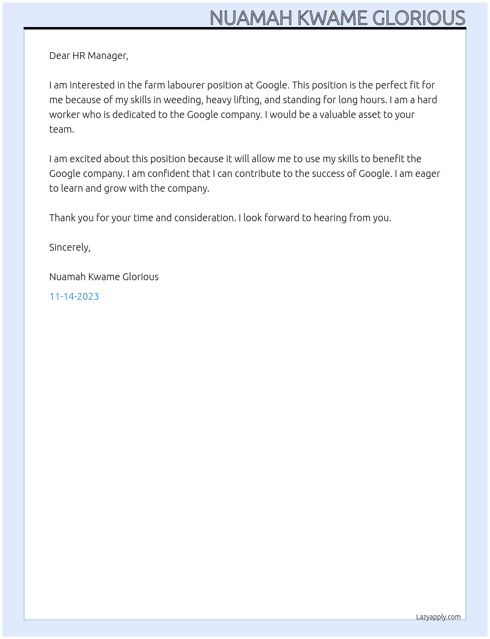 Farm labourer At Google Cover Letter