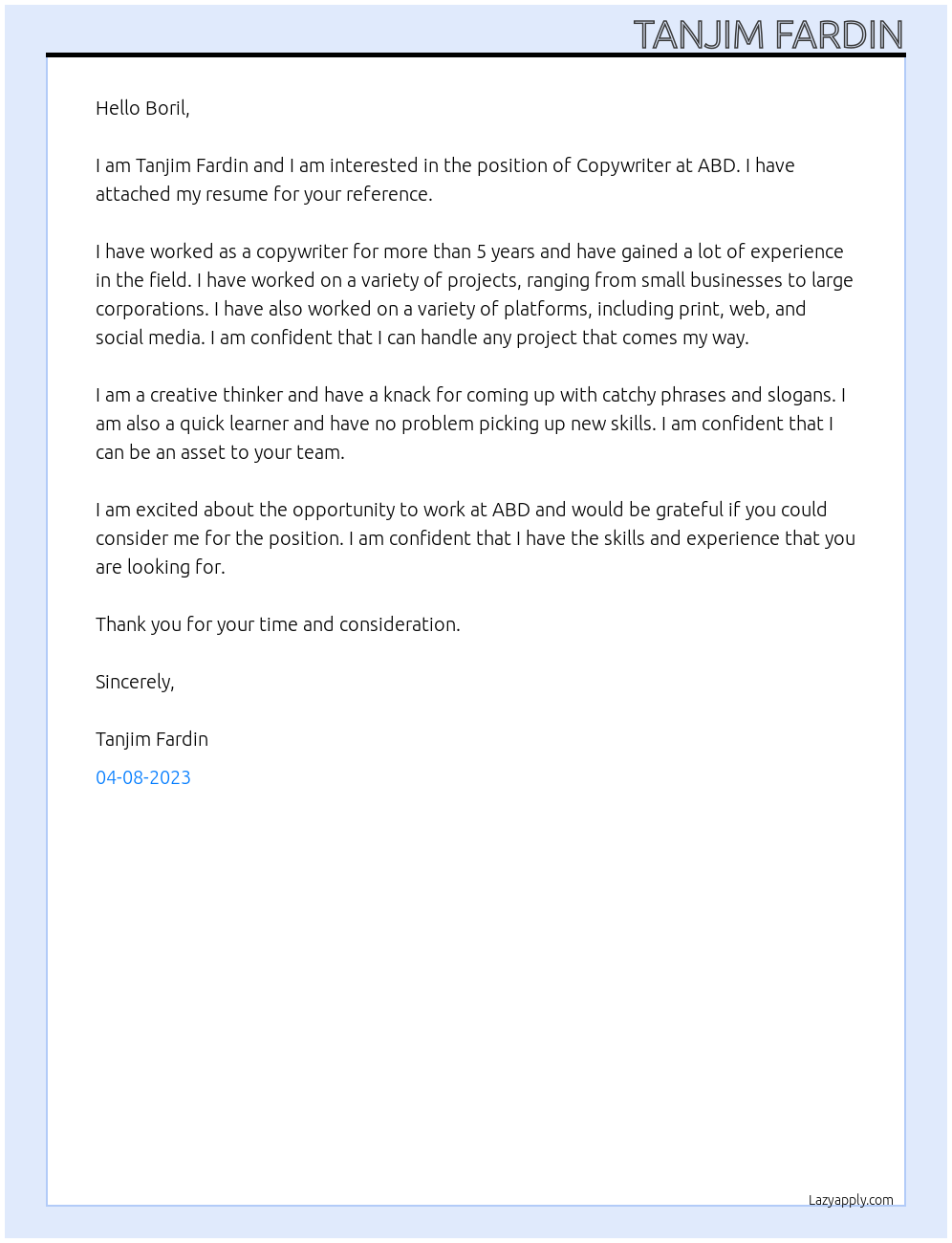 Copywriter At ABD Cover Letter