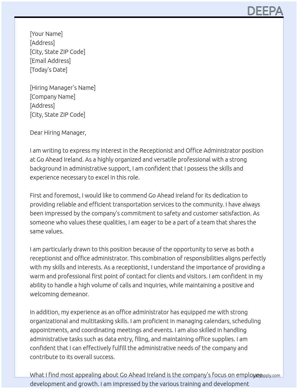 Cover letter for receptionist and office administrator - LazyApply