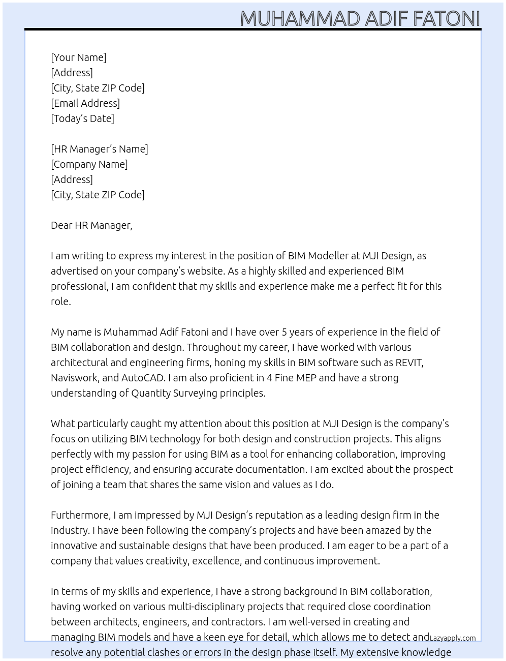 BIM MODELLER At MJI Design Cover Letter