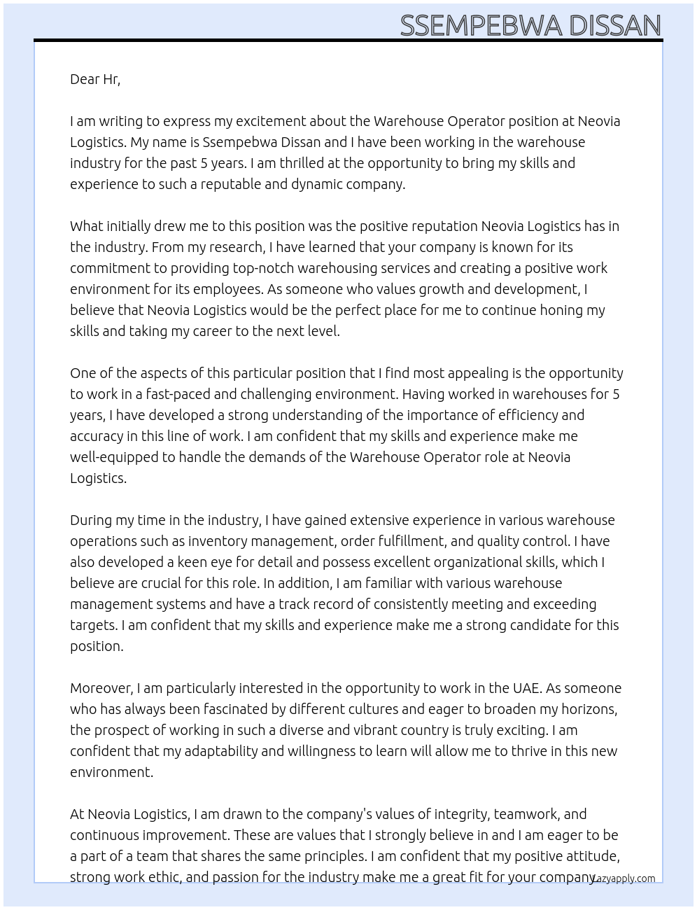 Warehouse operator At Neovia logistics Cover Letter