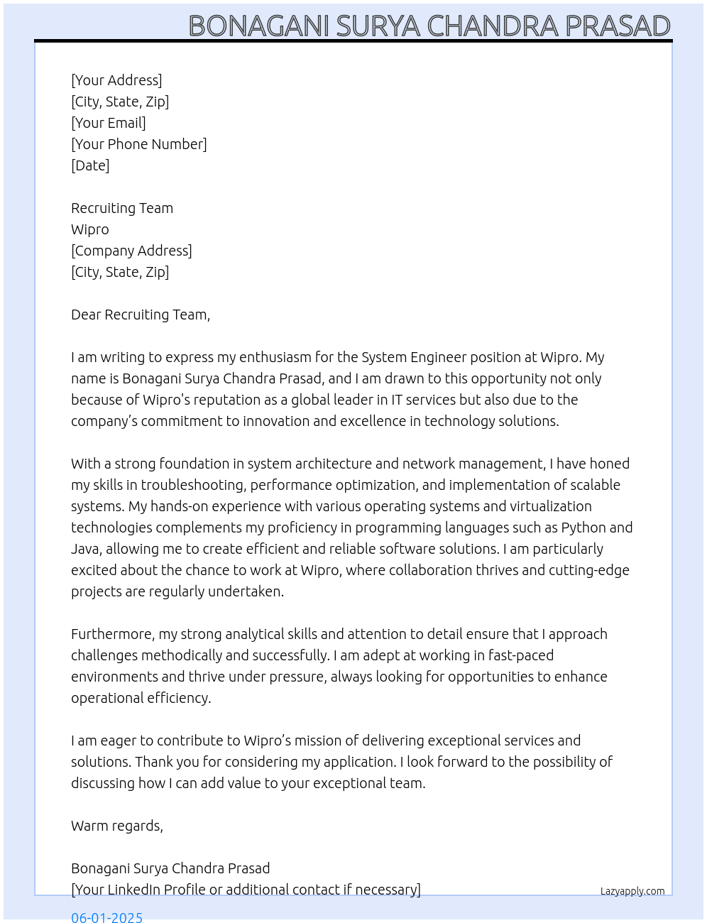 system engineer At wipro Cover Letter