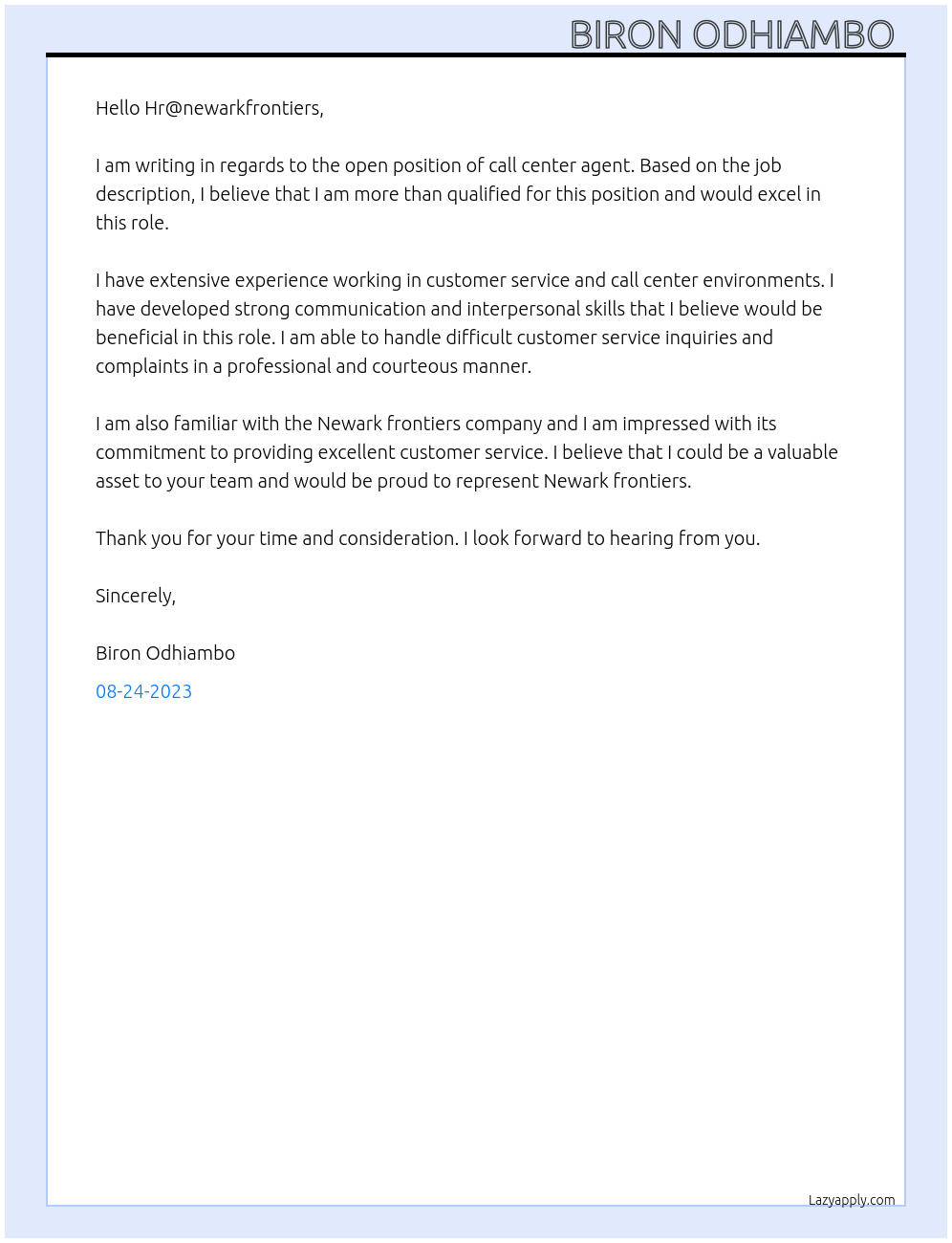 Call center agent At Newark frontiers Cover Letter