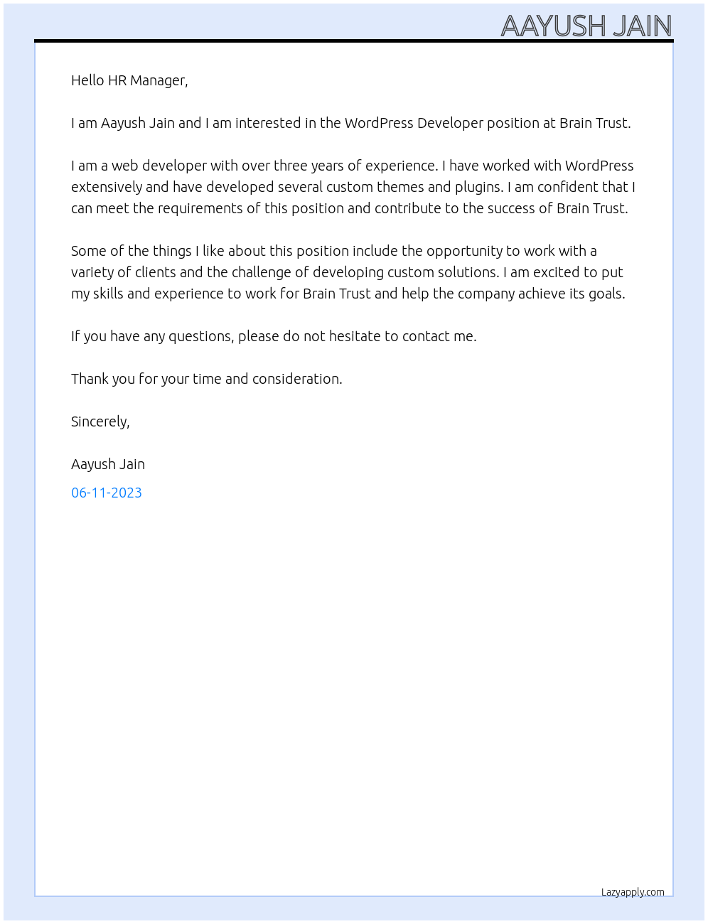WordPress Developer At Brain Trust Cover Letter