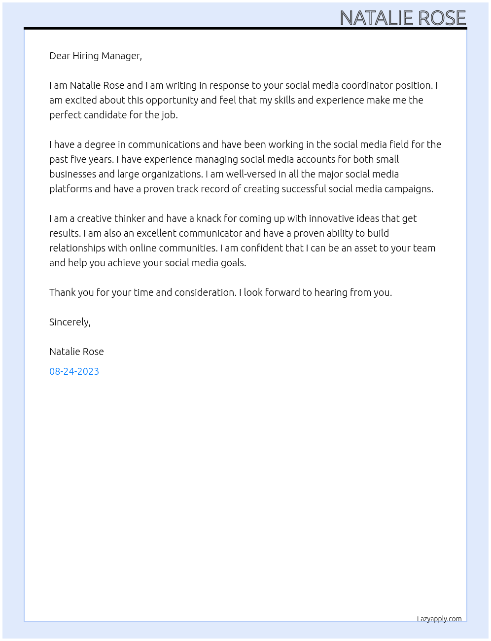 social media coordinator At Senate of Canada Cover Letter