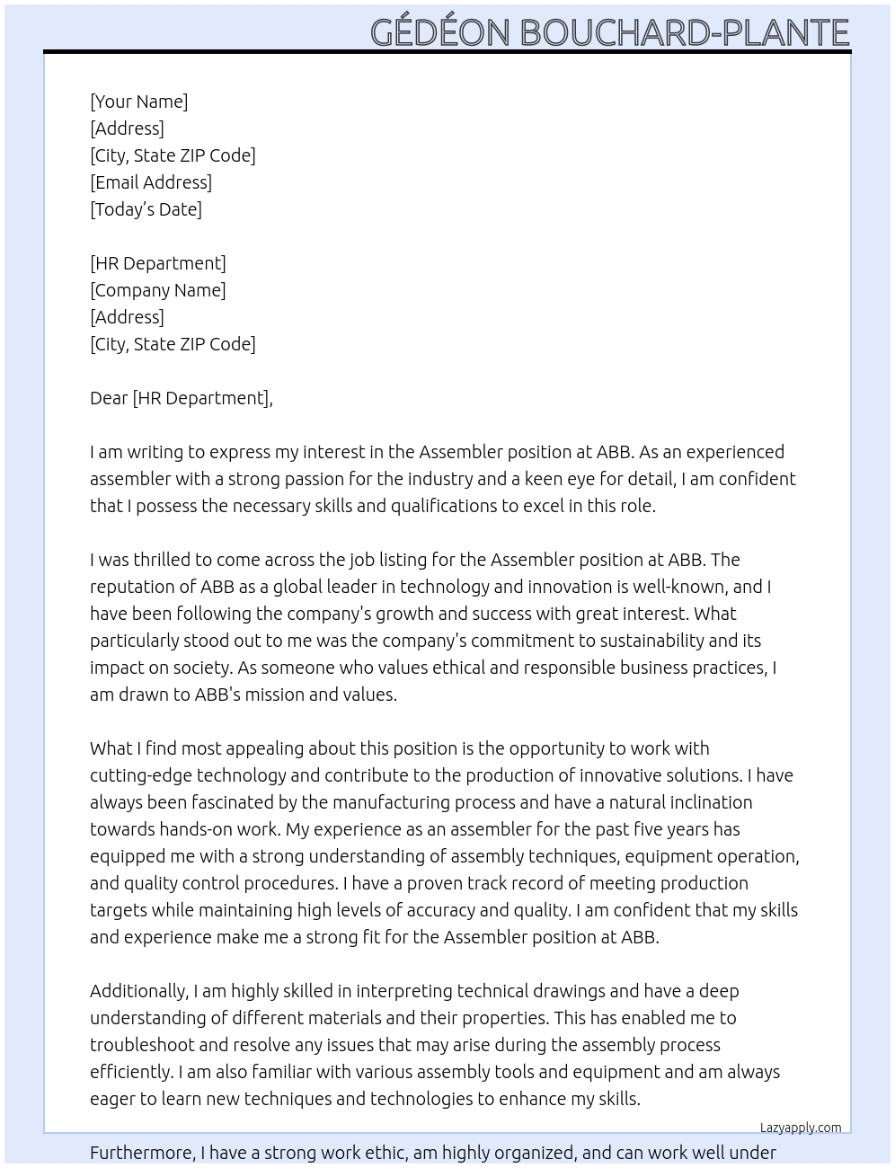 assembler At ABB Cover Letter