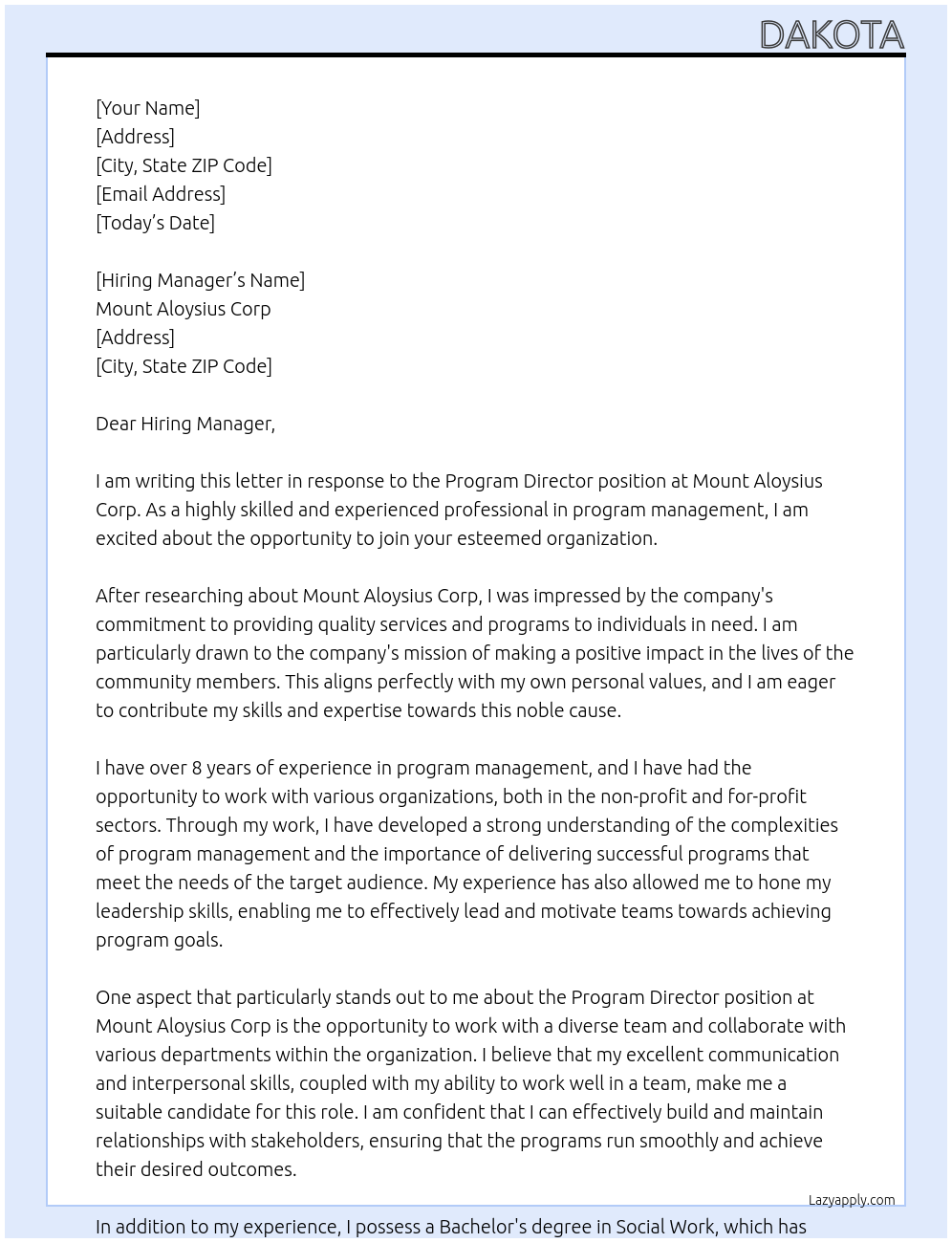Program Director At Mount Aloysius Corp Cover Letter
