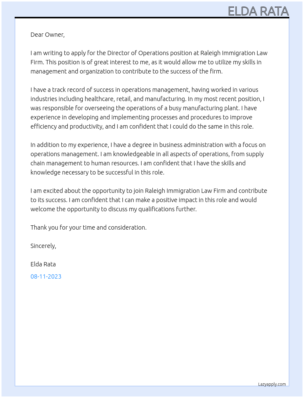 Director of Operations At Raleigh Immigration Law Firm Cover Letter