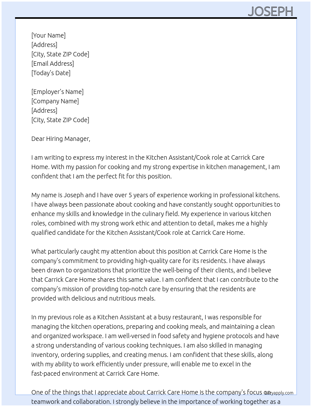 Kitchen assistant At Carrick care home Cover Letter