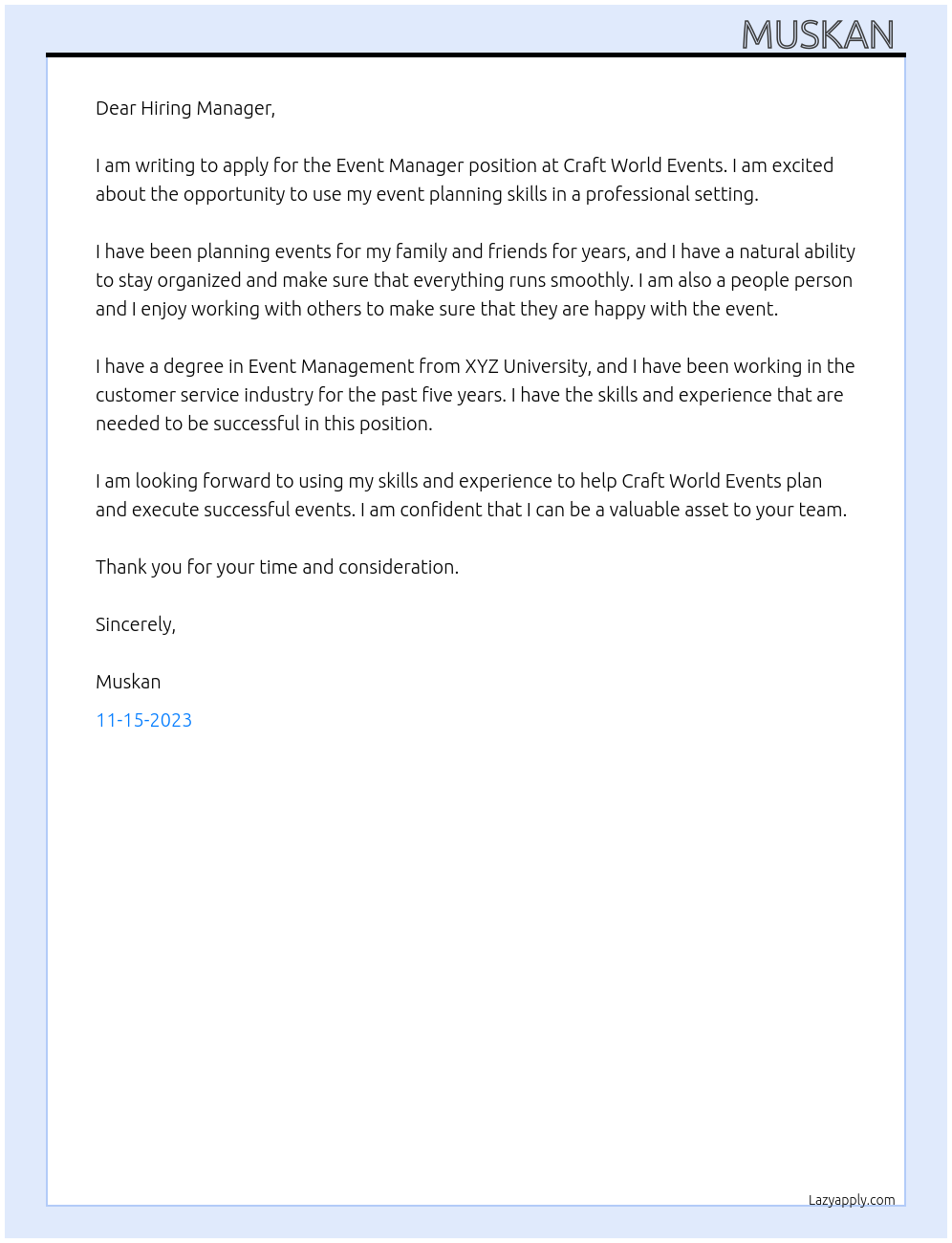 Event manager At Craft world events Cover Letter