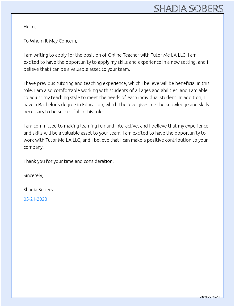 Online Teacher At Tutor Me LA LLC Cover Letter