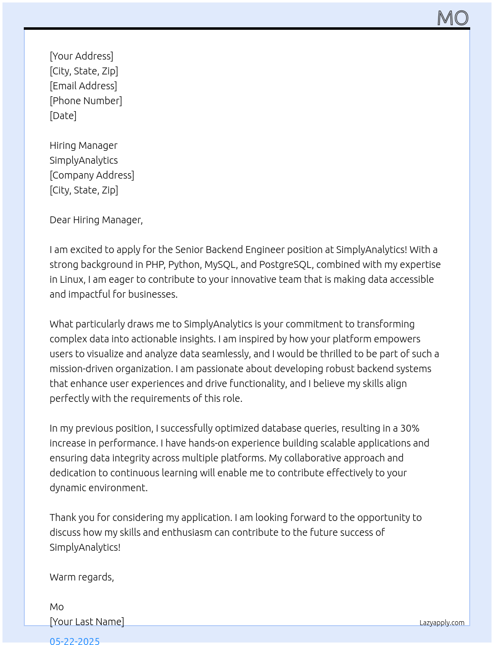 Cover letter for senior backend engineer - LazyApply