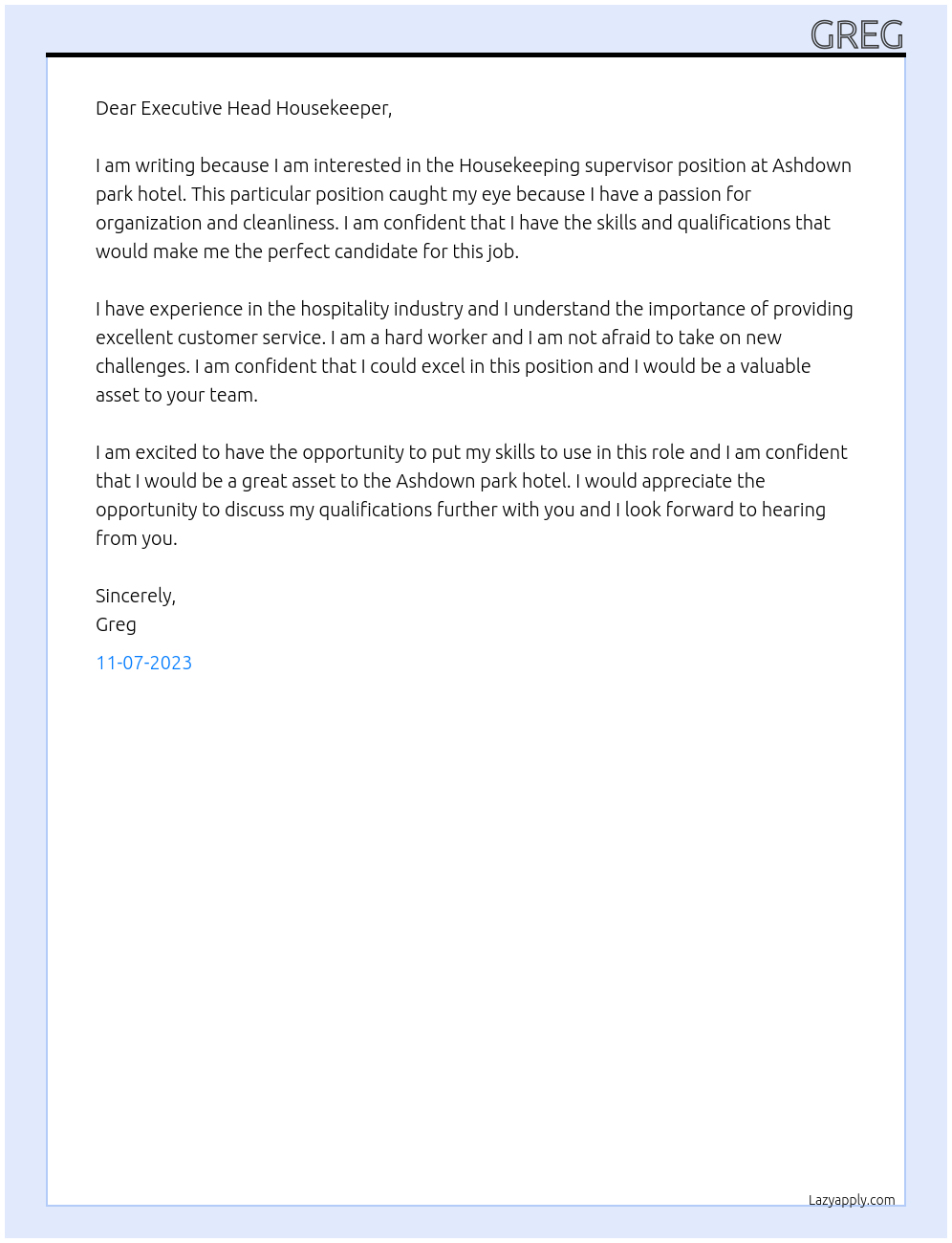 Housekeeping supervisor At Ashdown park hotel Cover Letter