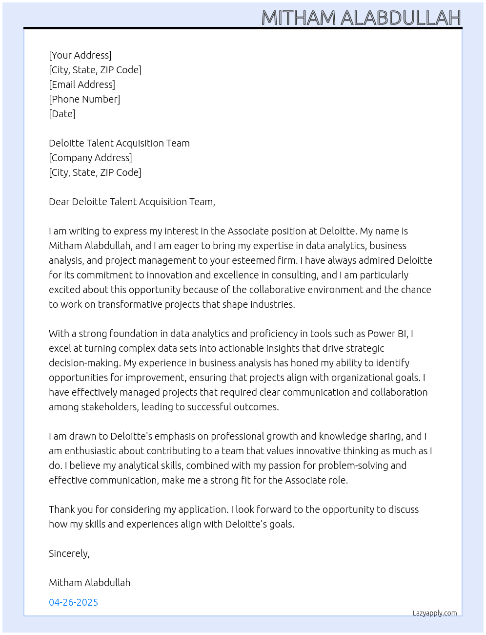 Associate At Deloitte Cover Letter