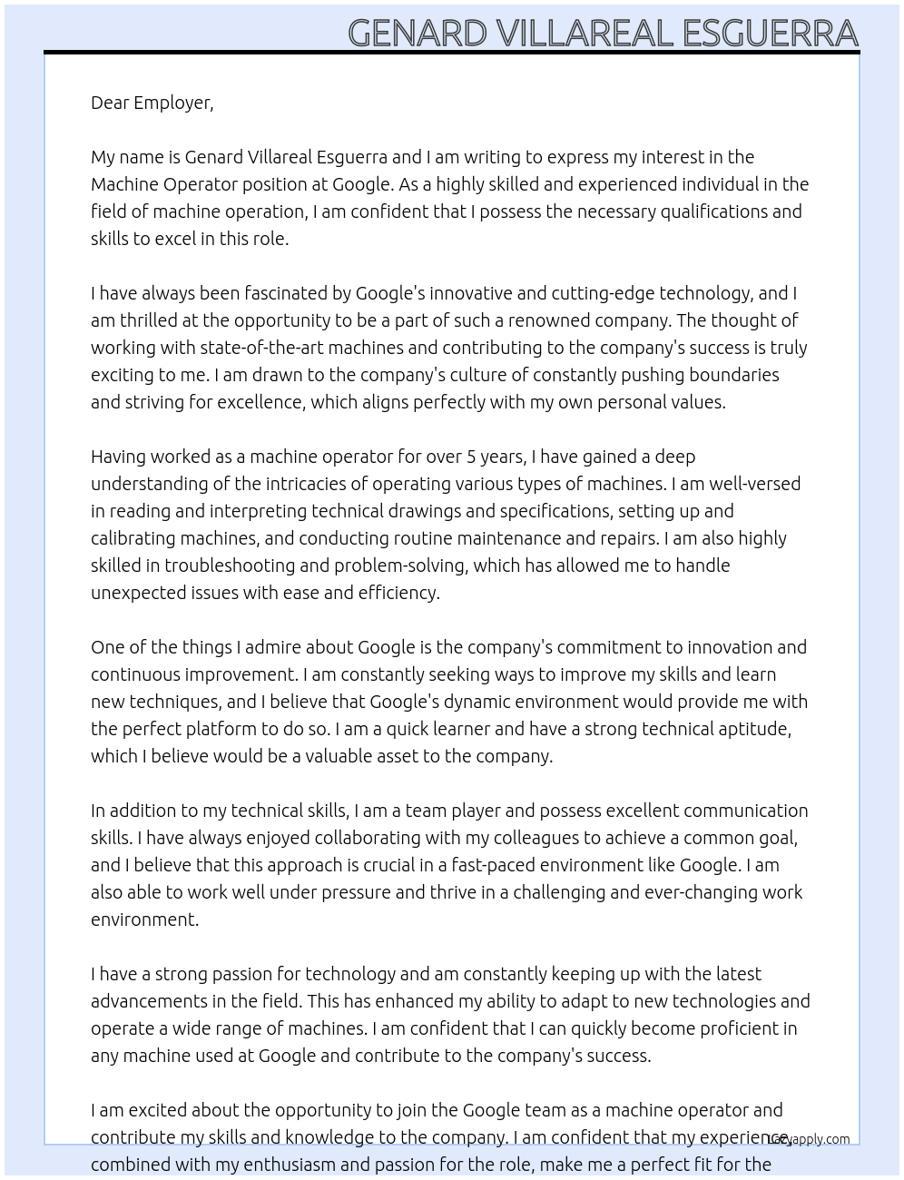 machine operator At google Cover Letter