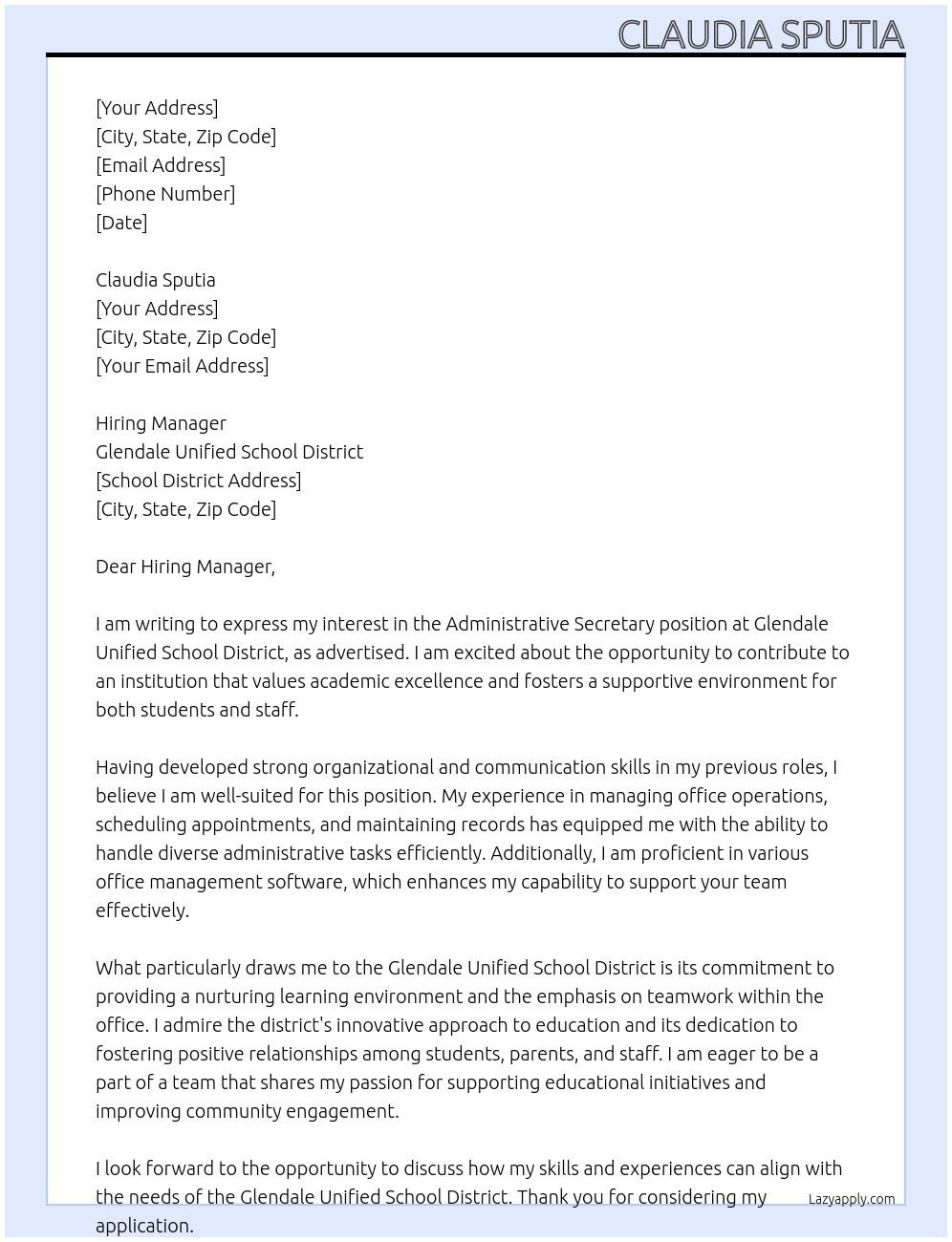 Administrative Secretary At Glendale Unified School District Cover Letter