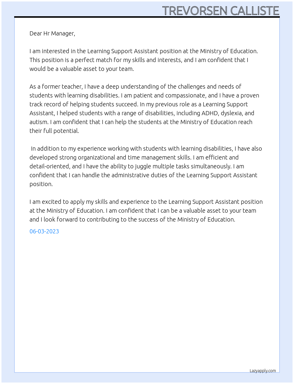 Learning Support Assistant At Ministry of Education Cover Letter