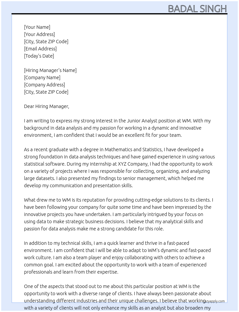 junior analyst At wm Cover Letter