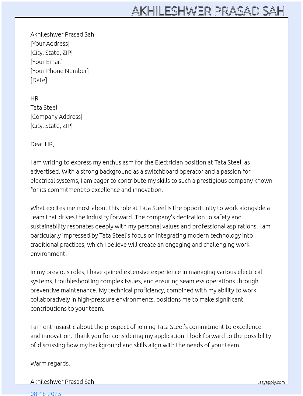 Electrician At Tata Steel Cover Letter