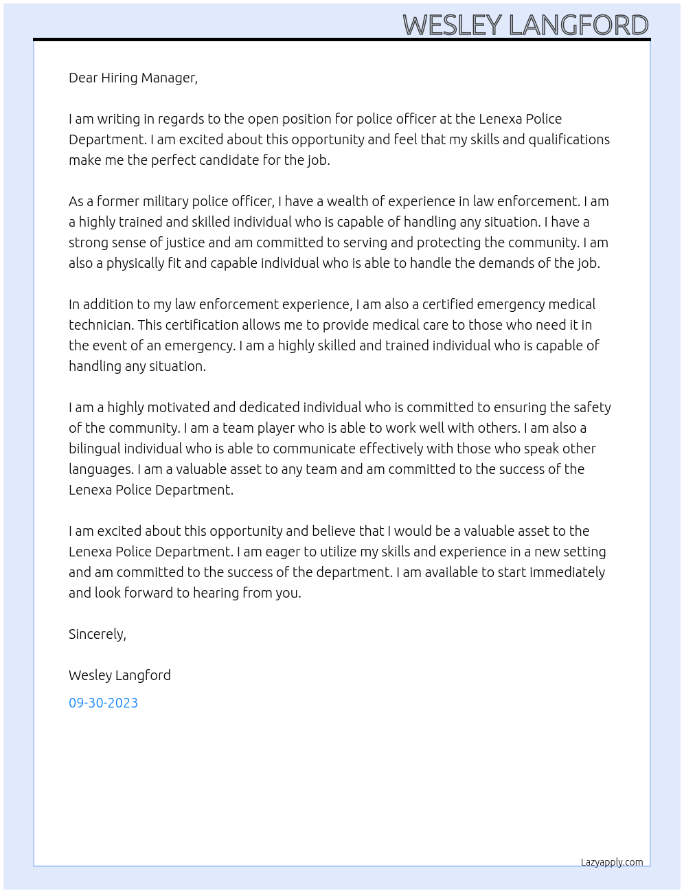 Police Officer At Lenexa Police Department Cover Letter