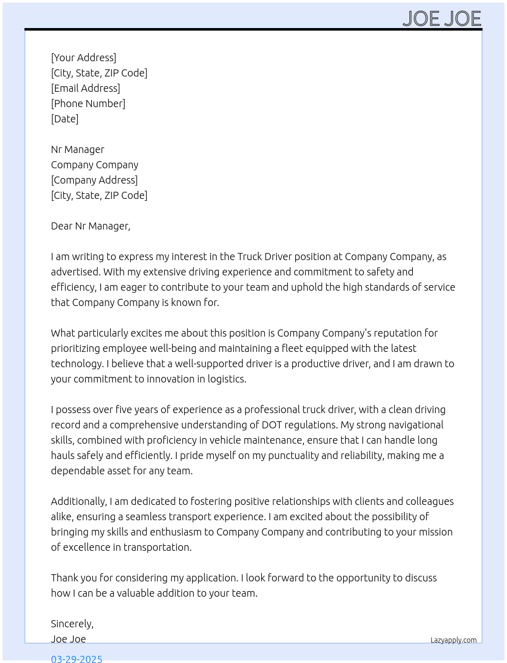 truck driver At company company Cover Letter