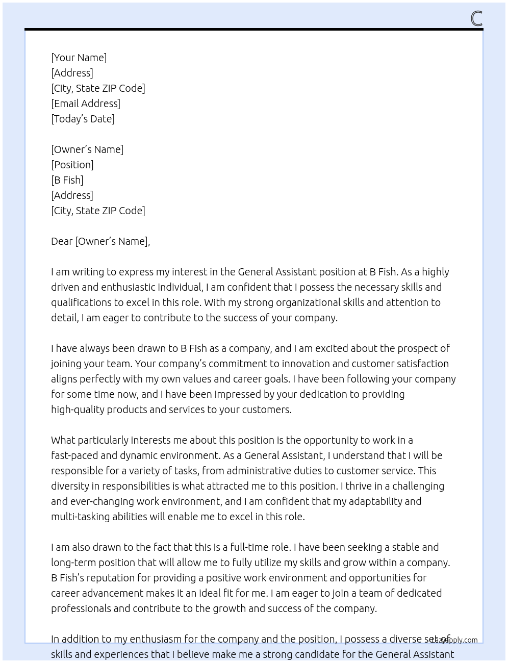 General Assistant At B Fish  Cover Letter