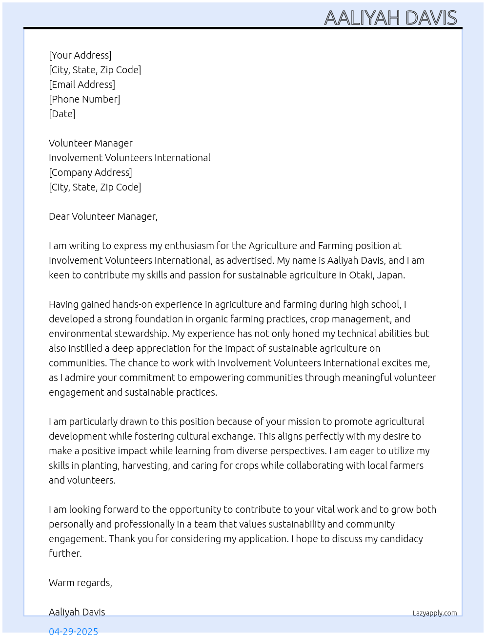 Agriculture and Farming At Involvement Volunteers International Cover Letter