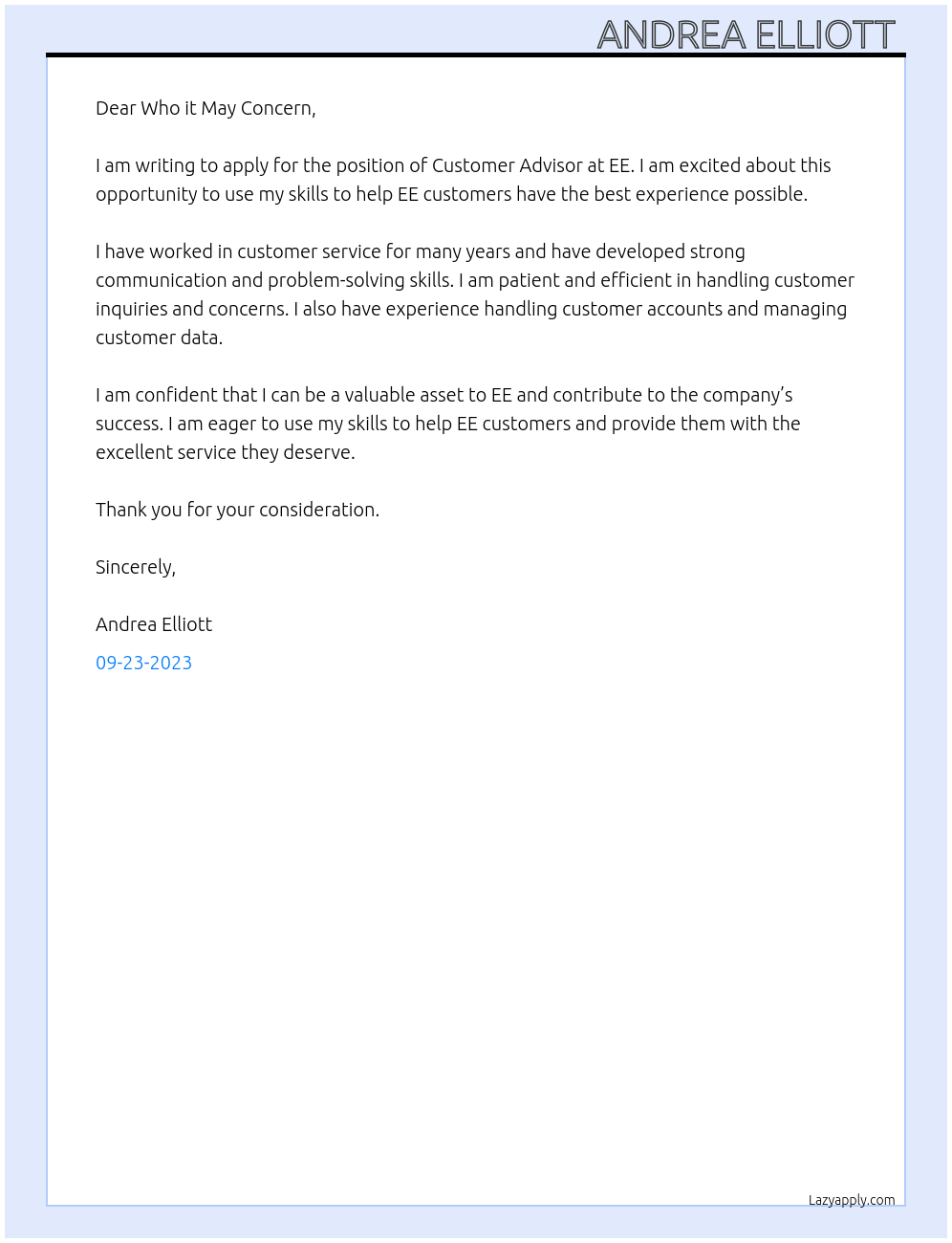 Customer advisor  At EE Cover Letter