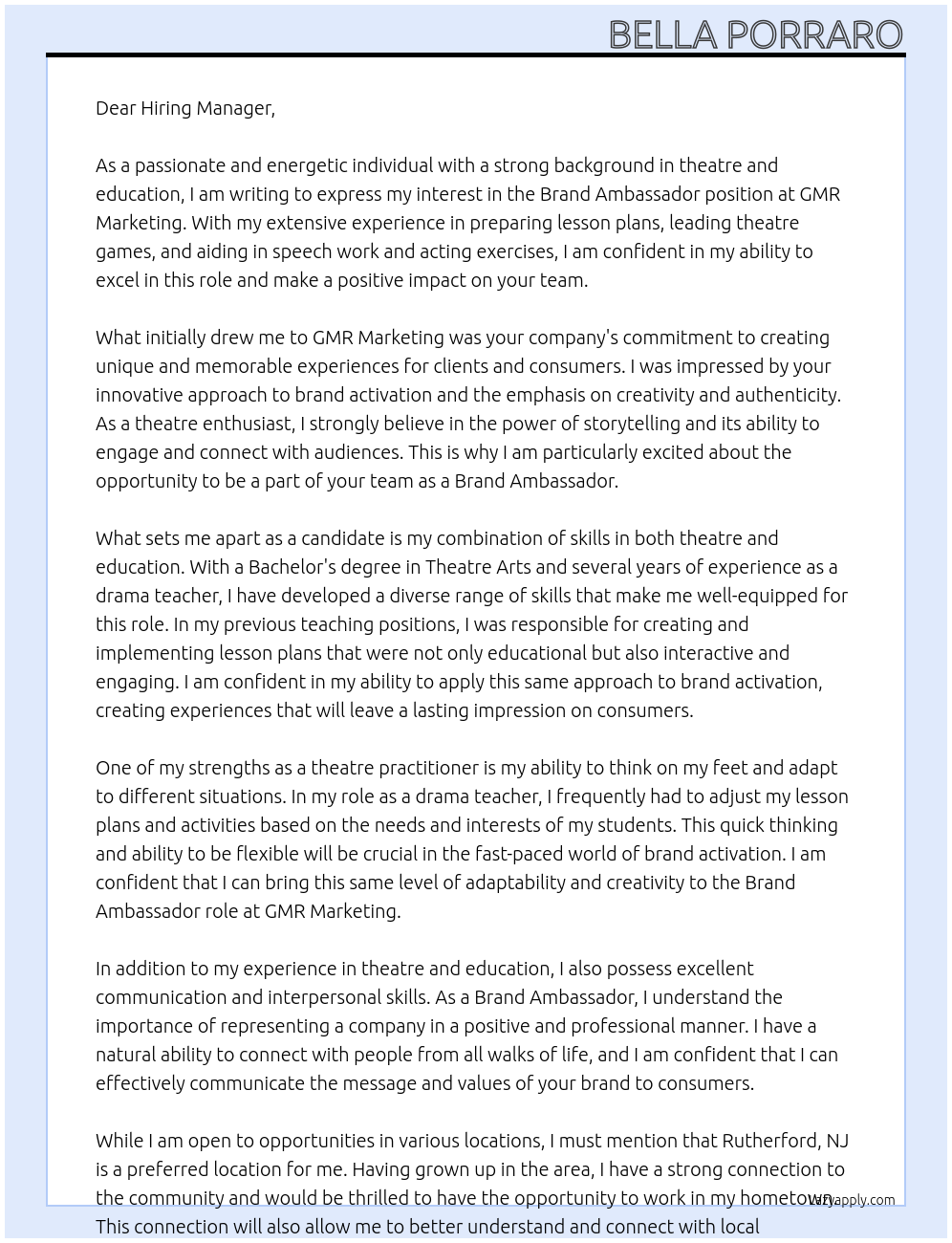 Brand Ambassador  At GMR Marketing Cover Letter