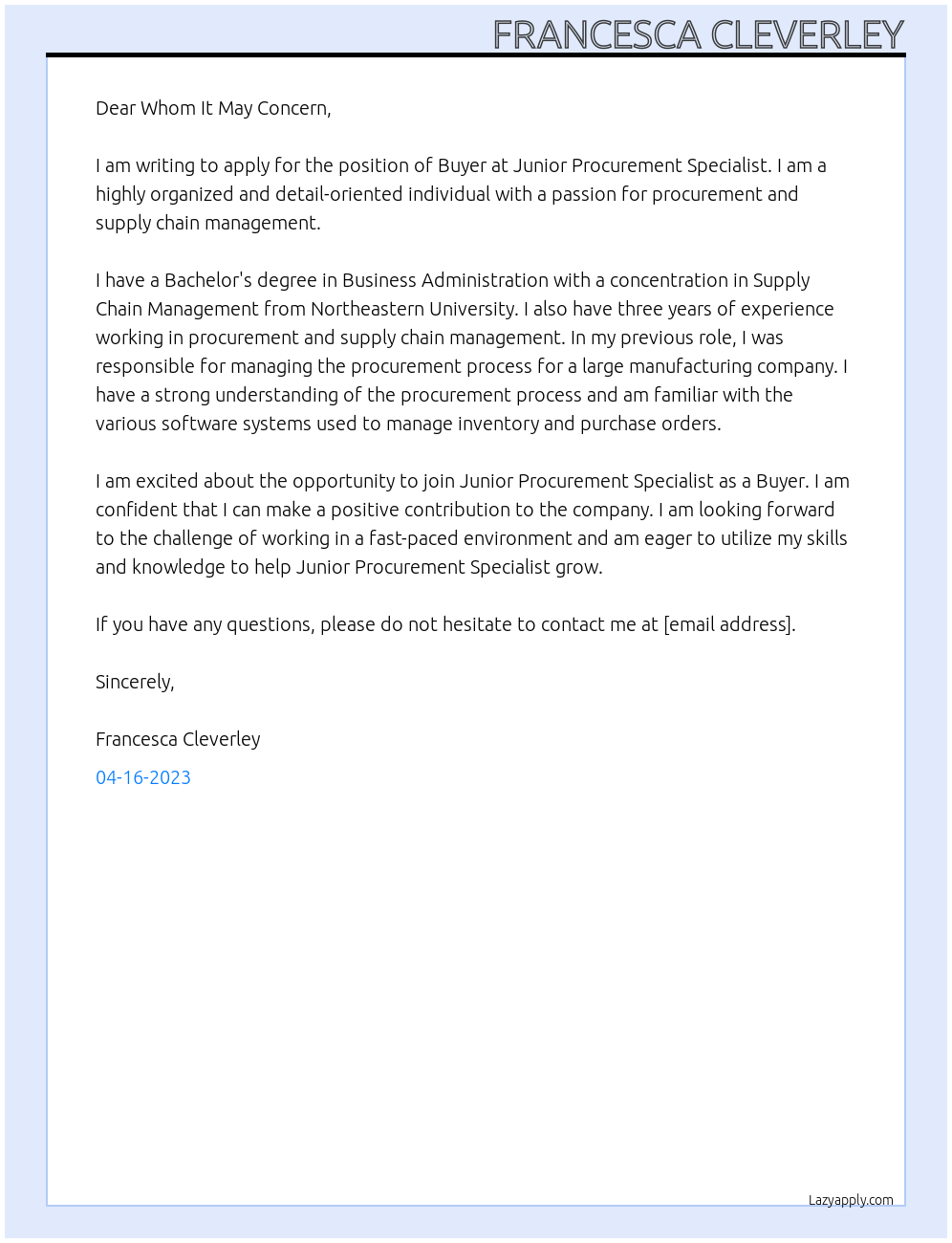 Buyer At Junior Procurement Specialist Cover Letter