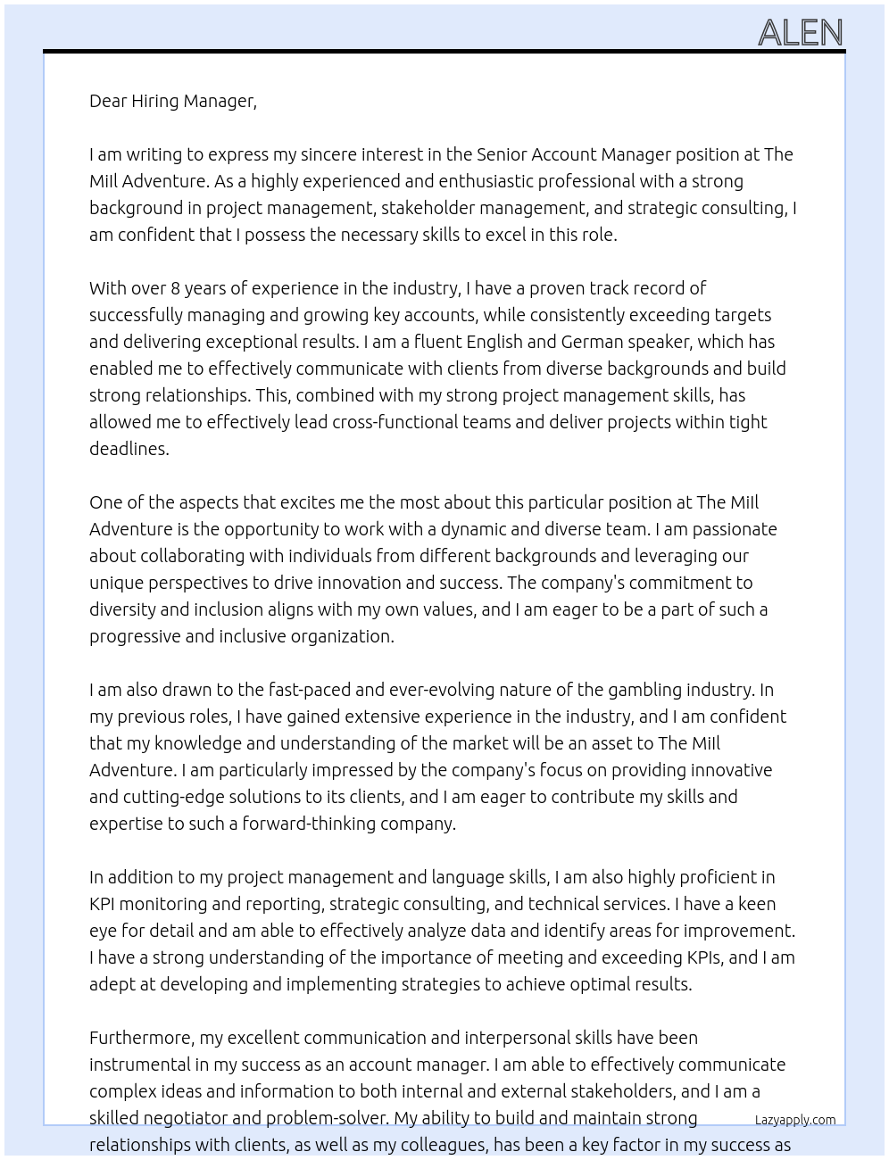 Senior Account Manager At The MiIl Adventure Cover Letter
