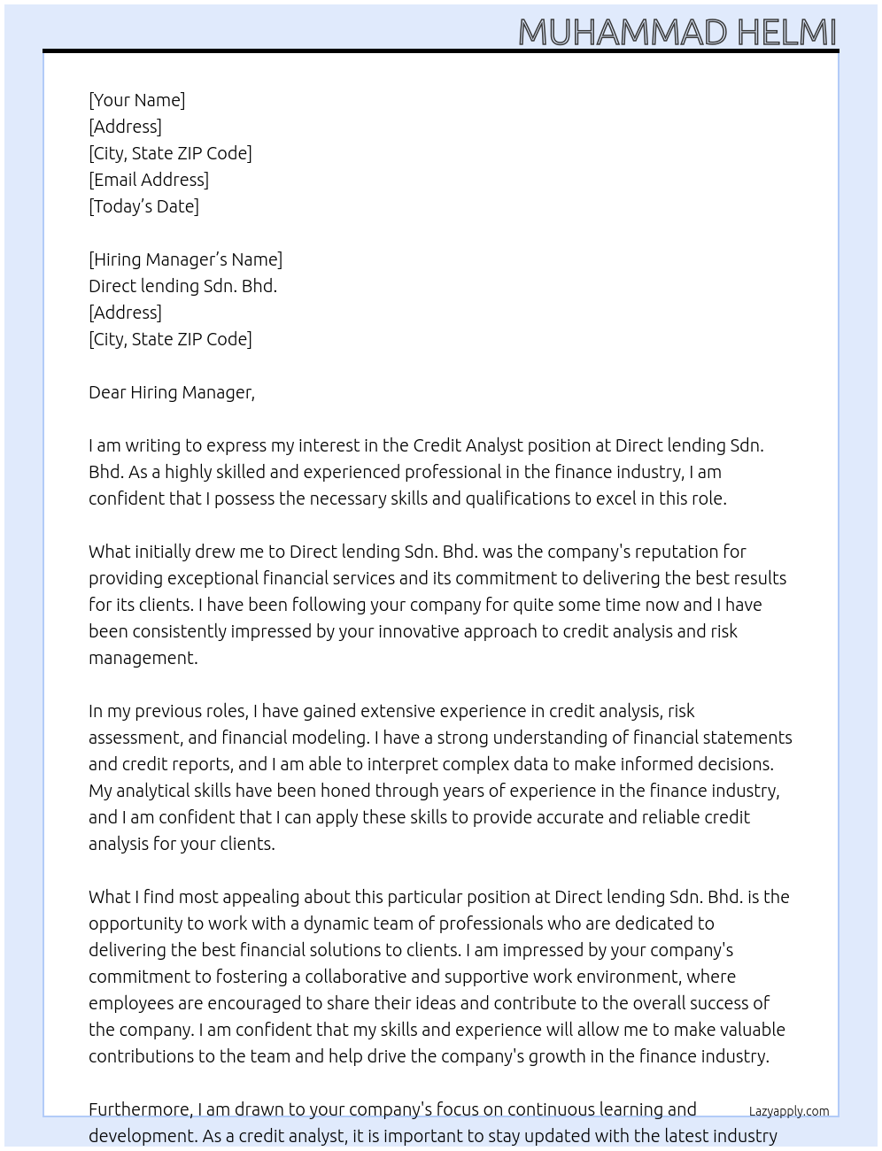 Credit analyst At Direct lending Sdn. Bhd. Cover Letter