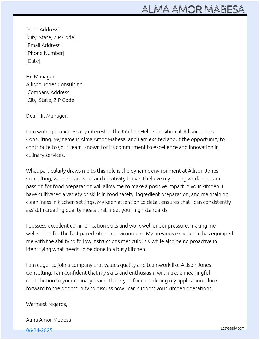 Kitchen Helper  At Allison Jones Consulting  Cover Letter