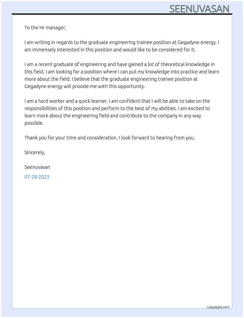 Graduate engineering trainee At Gegadyne energy Cover Letter