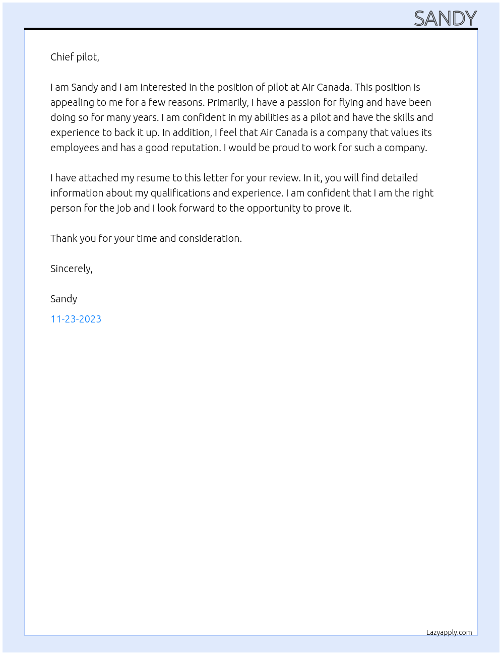 Pilot At Air canafa Cover Letter