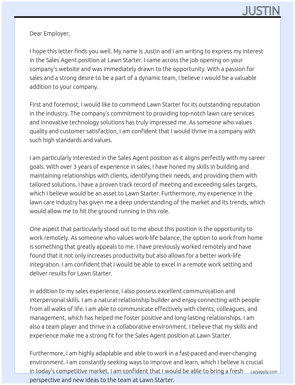  Sales Agent At Lawn Starter Cover Letter