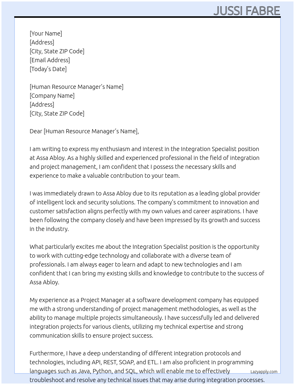 integration specialist At assa abloy Cover Letter